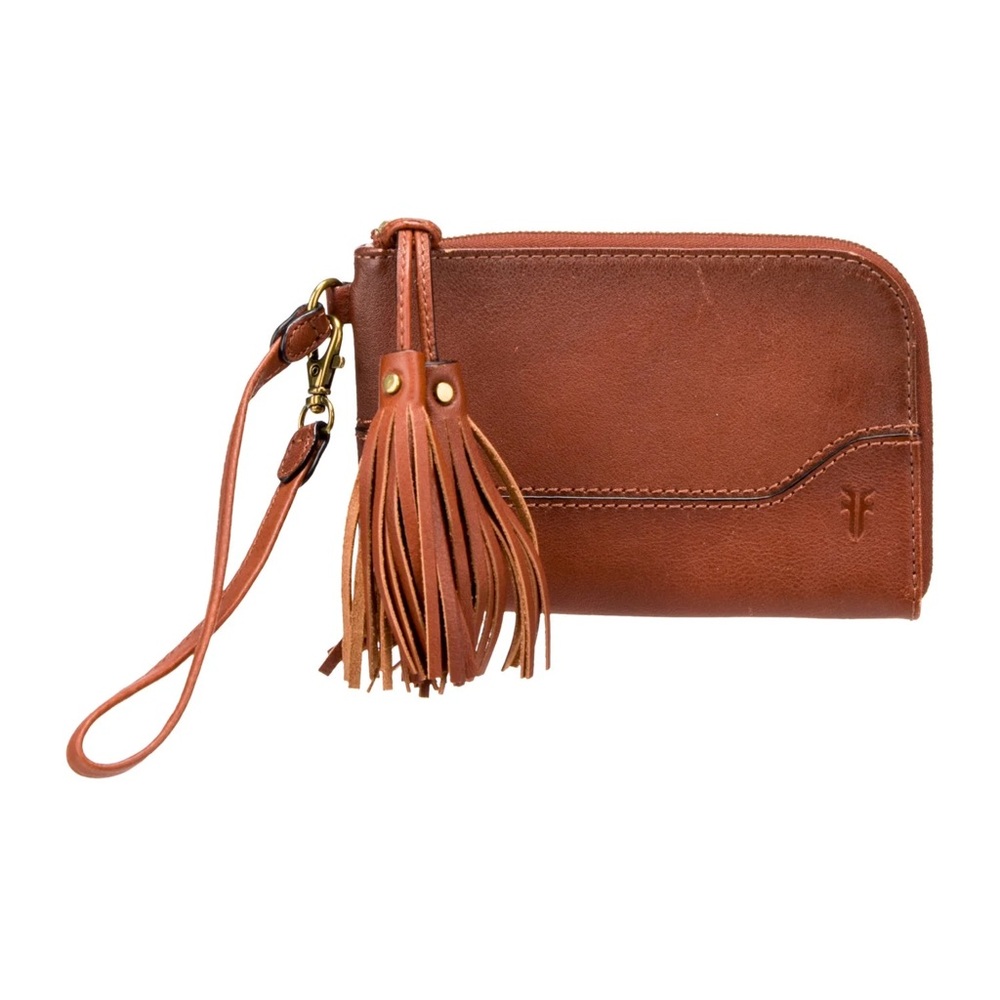 FRYE Paige Tassel Brown Cognac Leather Zip Wallet Wristlet Bag